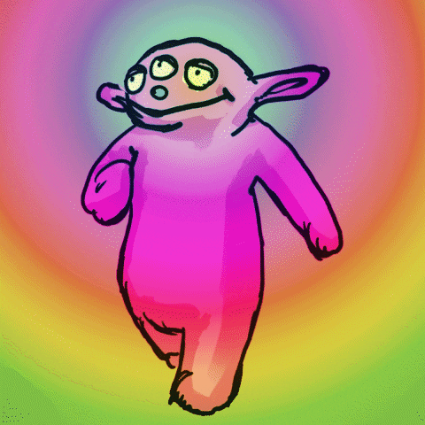 A drawing of a pink yoda walking on a rainbow background