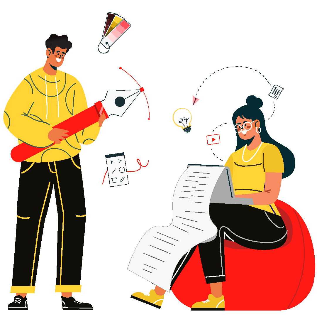 An illustration of a man and woman working on a laptop, showcasing their design and copywriting collaboration