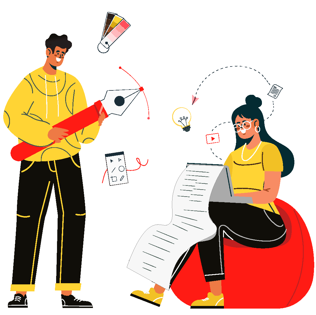 An illustration of a man and woman working on a laptop, showcasing their design and copywriting collaboration