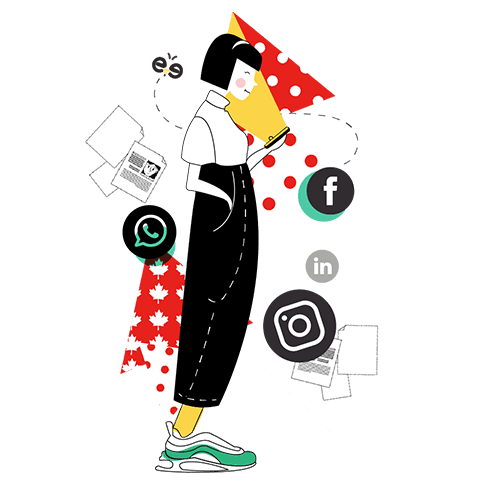 An illustration of a woman with social media icons showcasing the expertise of a creative digital marketing agency