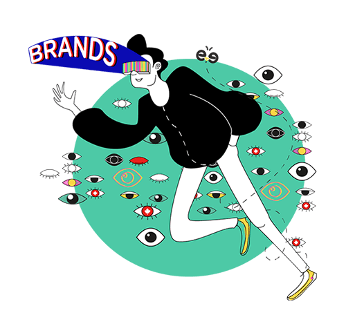 A cartoon illustration of a man running through a crowd of eyeballs created by a creative digital marketing agency